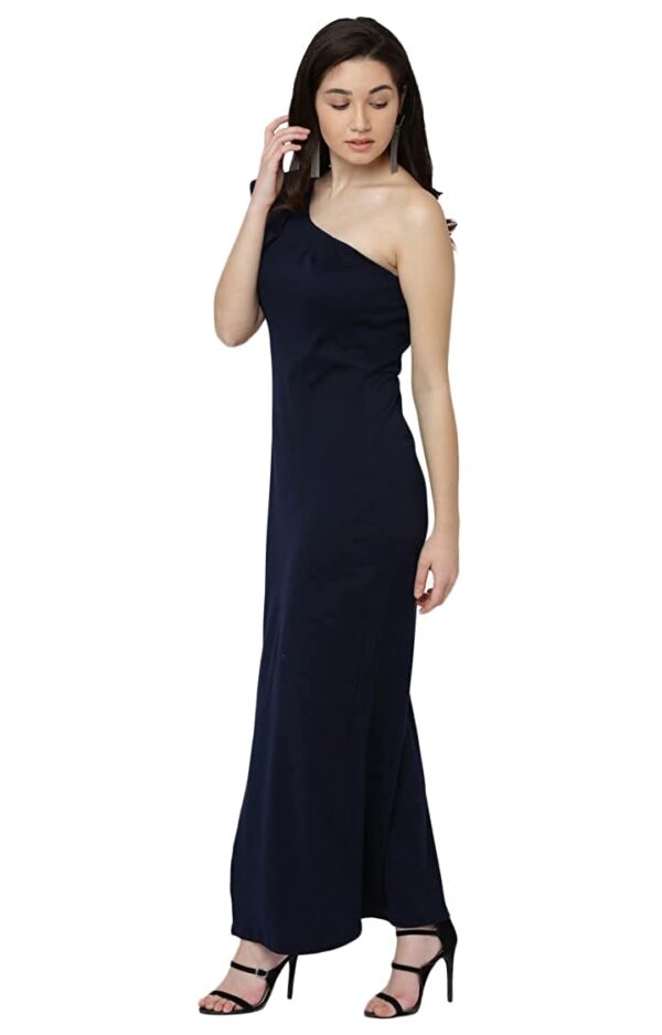 Miss Chase Women's Navy Blue Solid One Shoulder Sleeveless Ruffled Slit Maxi Dress - Image 3
