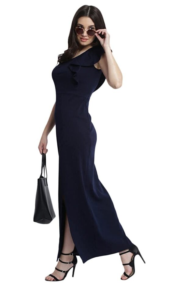 Miss Chase Women's Navy Blue Solid One Shoulder Sleeveless Ruffled Slit Maxi Dress - Image 2