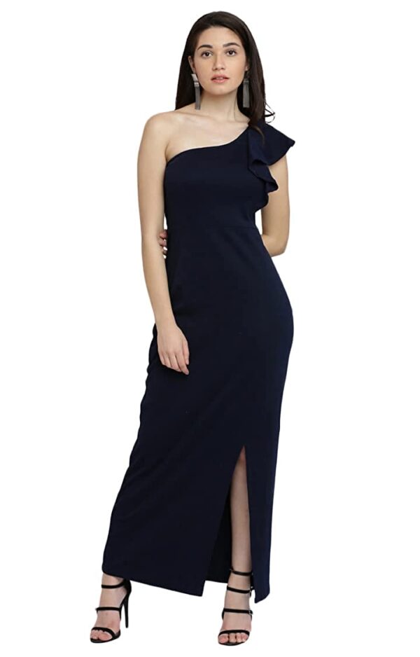Miss Chase Women's Navy Blue Solid One Shoulder Sleeveless Ruffled Slit Maxi Dress