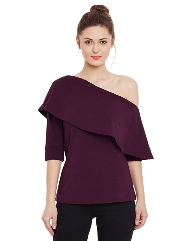 Miss Chase Women's Black One Shoulder Half Sleeved Solid Layered Top