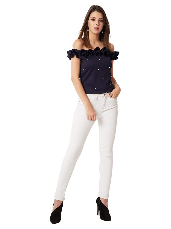 Miss Chase Women's Navy Blue Off-Shoulder Pearl Ruffled Top - Image 2