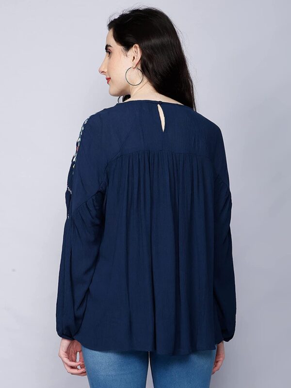 GLORYBOYZ Women's Yoke Embroidered Serene Bohemian Style Elastic Cuff Soft Viscose Blouse Top - Image 3
