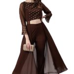 Janasya Women's Brown Georgette Ethnic Motifs Top with Pant