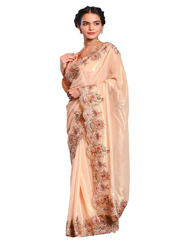BEATITUDE saree for women with unstitched blouse piece peach premium tissue with embroidery saree