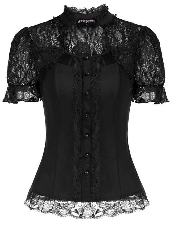 Scarlet Darkness Victorian Tops Short Lace Sleeve Shirts Stand Collar Blouse