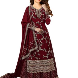Miss Ethnik Women's Faux Georgette Semi Stitched Top With Stitched Faux Georgette Bottom and Faux Georgette Dupatta Embroidered Straight Kurta Dress Material (Kurta Palazzo Set)