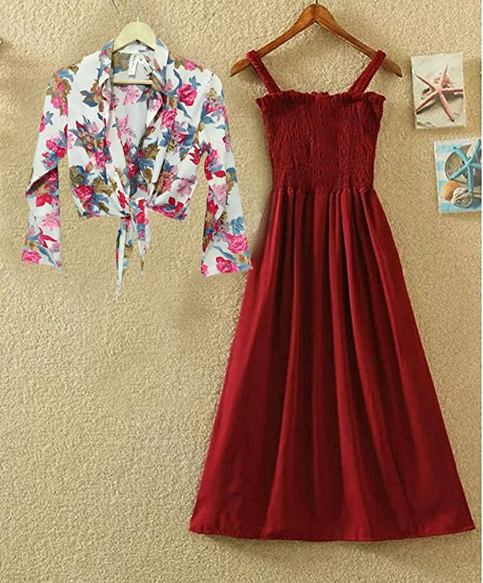 Milkyway Women Crepe Trendy and Unique Design Maxi Dress with Printed Shrug Set - Image 2