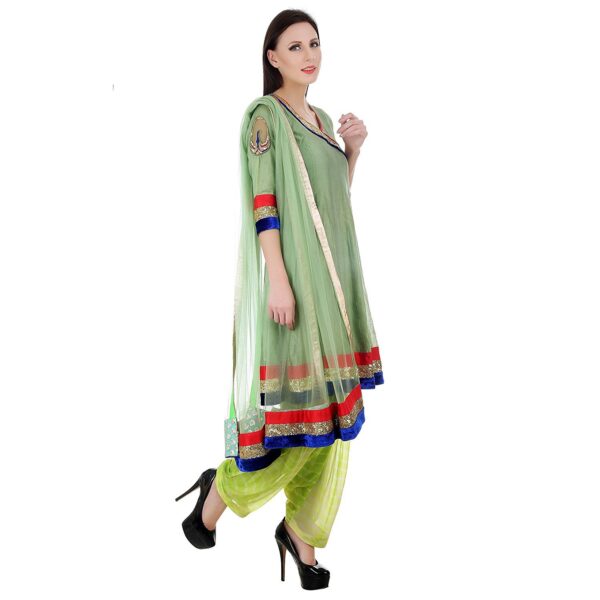 Devaleena Creations Green Chanderi Short Anarkali-Peacock embroidery on the sleeves for Ladies - Image 3