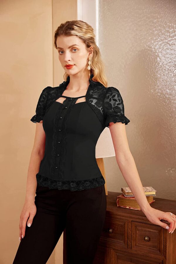 Scarlet Darkness Victorian Tops Short Lace Sleeve Shirts Stand Collar Blouse - Image 4