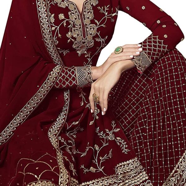 Miss Ethnik Women's Faux Georgette Semi Stitched Top With Stitched Faux Georgette Bottom and Faux Georgette Dupatta Embroidered Straight Kurta Dress Material (Kurta Palazzo Set) - Image 5