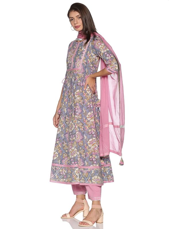 RAJMANDIRFABRICS Women's Cotton Anarkali Kurta Pant & Dupatta Set (Grey) - Image 2
