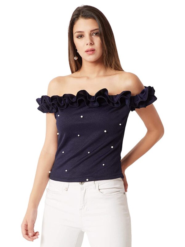 Miss Chase Women's Navy Blue Off-Shoulder Pearl Ruffled Top