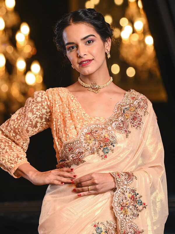 BEATITUDE saree for women with unstitched blouse piece peach premium tissue with embroidery saree - Image 3