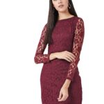 Miss Chase Women's Maroon Round Neck Full Sleeves Lace Bodycon Mini Dress