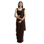 Womanista Women's Floral Printed Poly Georgette Saree with Mirror Lace (TKIM811_Black)