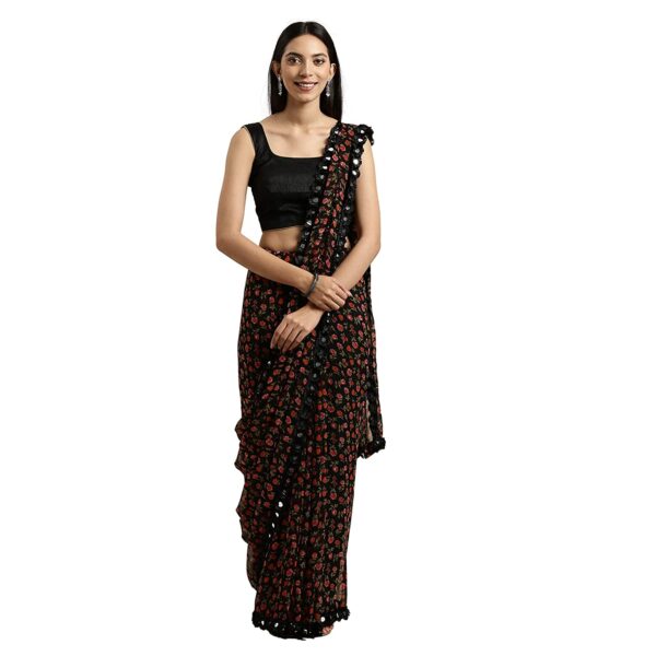 Womanista Women's Floral Printed Poly Georgette Saree with Mirror Lace (TKIM811_Black)