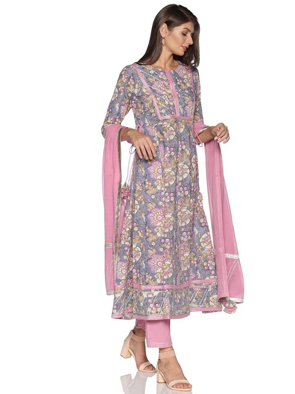 RAJMANDIRFABRICS Women's Cotton Anarkali Kurta Pant & Dupatta Set (Grey) - Image 3