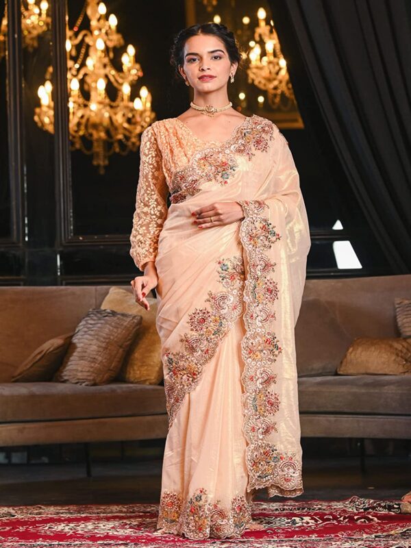 BEATITUDE saree for women with unstitched blouse piece peach premium tissue with embroidery saree - Image 2