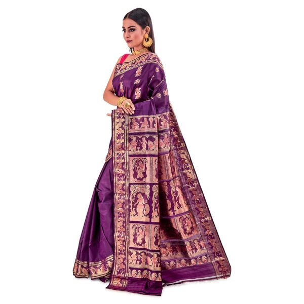 SareesofBengal Women's Katan Silk Meenakari Baluchari Swarnachari Saree Purple (B0213) - Image 2