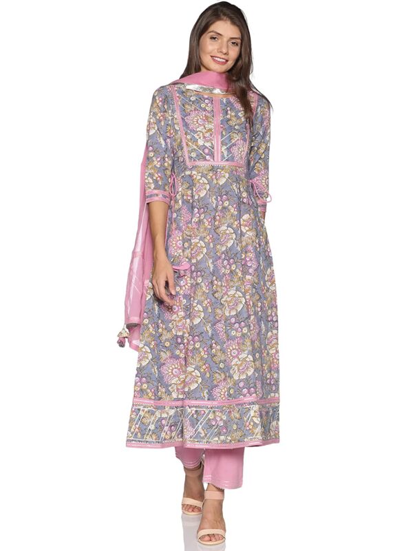 RAJMANDIRFABRICS Women's Cotton Anarkali Kurta Pant & Dupatta Set (Grey)