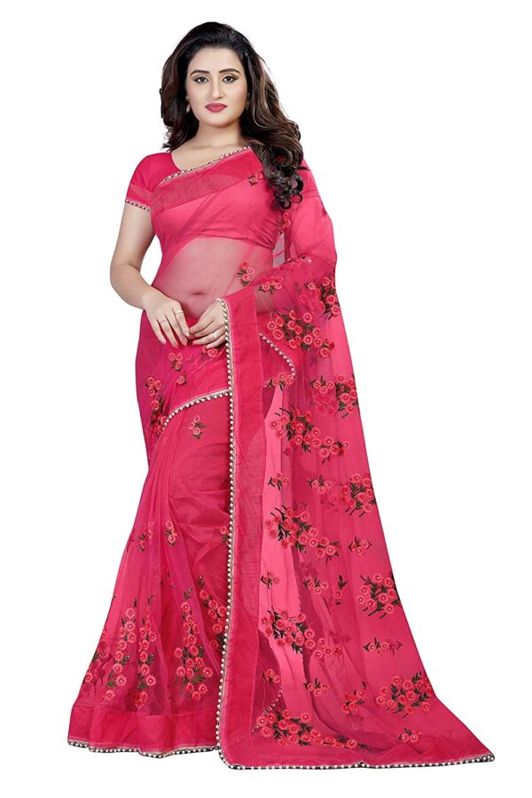 Bollyclues Women's Mono Net Embroidered And Pearl Work Saree (Mc-1199_Free Size)