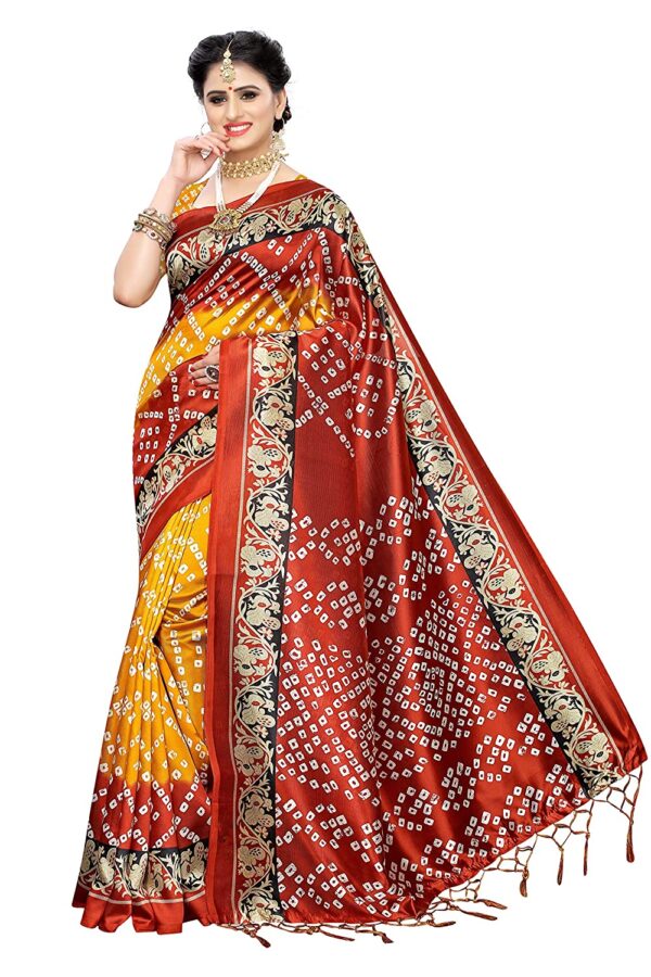 HONEY BABY Women's Printed Bandhani Chiffon Saree, Yellow Red
