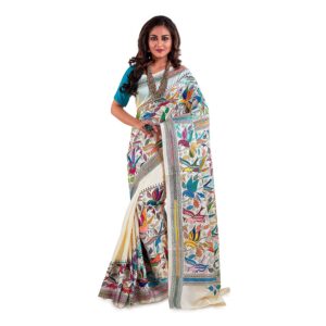 SareesofBengal Women's Pure Silk Handloom Kantha Stitch Saree Off White