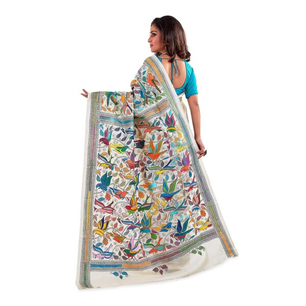 SareesofBengal Women's Pure Silk Handloom Kantha Stitch Saree Off White - Image 3