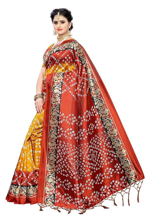 HONEY BABY Women's Printed Bandhani Chiffon Saree, Yellow Red - Image 2